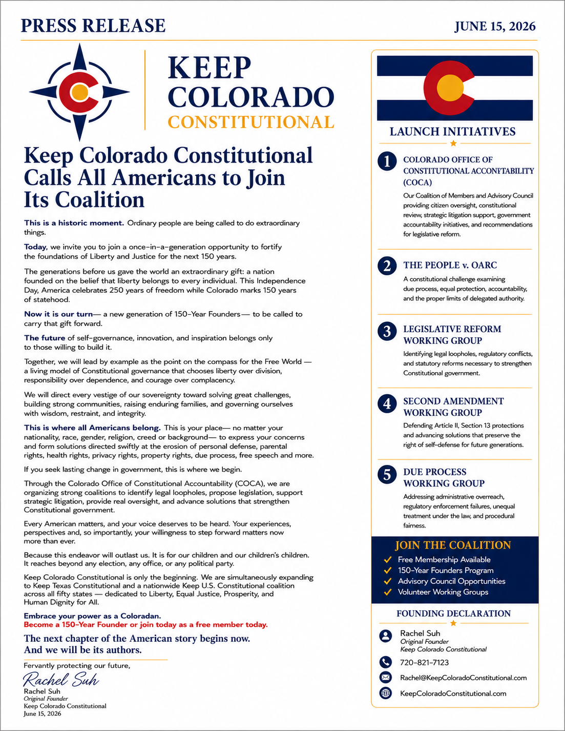 Keep Colorado Constitutional Founding Declaration — Press Release June 15, 2026